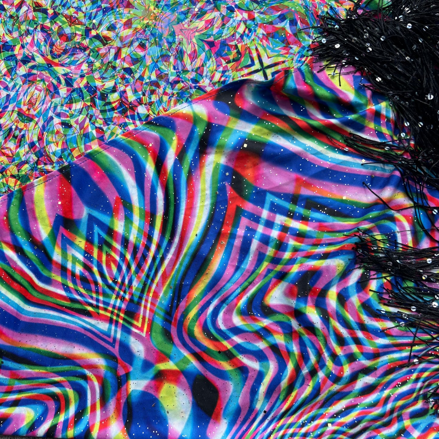 Drip Drop Labs Vibrationz Galactic Pashmina scarf with cosmic pattern, soft fabric, and vibrant galaxy-inspired design.