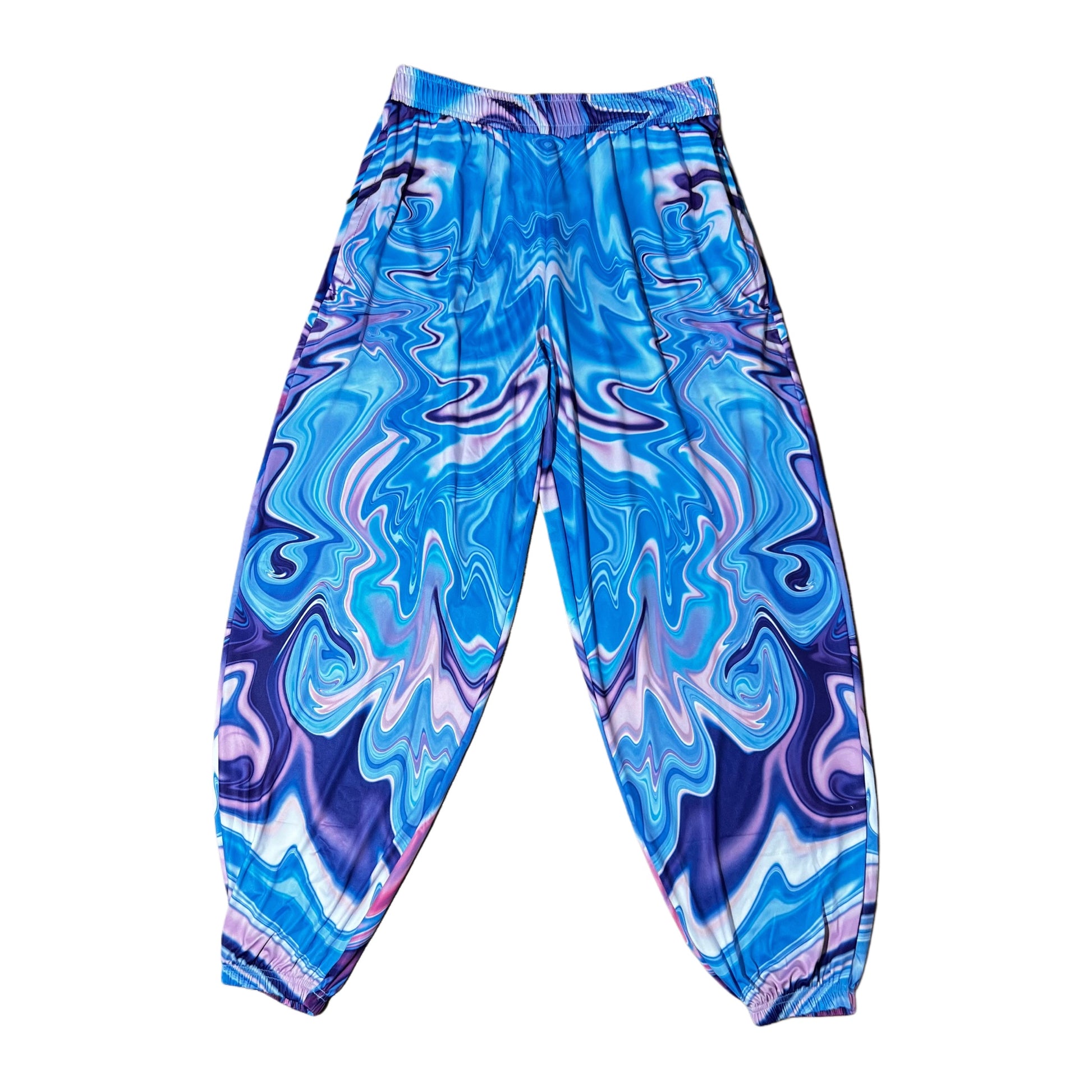 Drip Drop Labs Waves parachute pants in lightweight fabric with a relaxed fit, featuring wave pattern and adjustable waist.