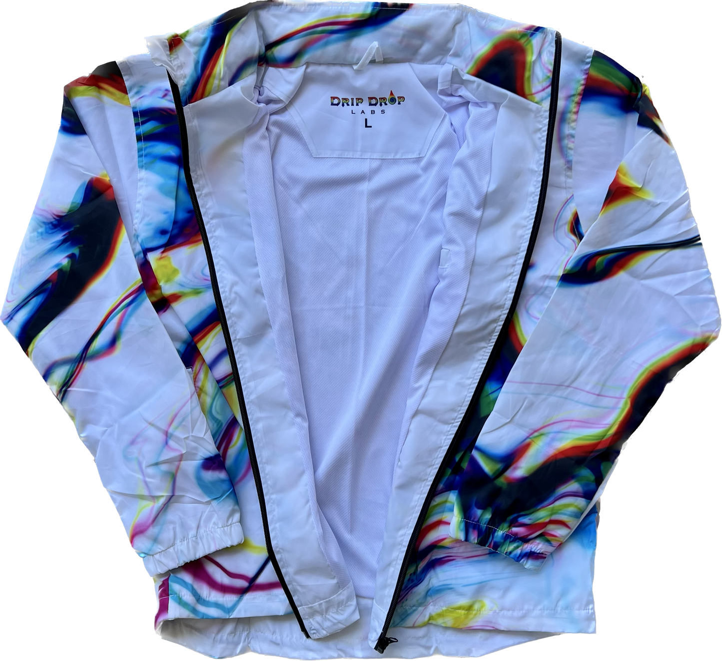 White Chromatic Drip Zip Up Hood Windbreaker by Drip Drop Labs, showing the stylish windbreaker with hood and zip closure.