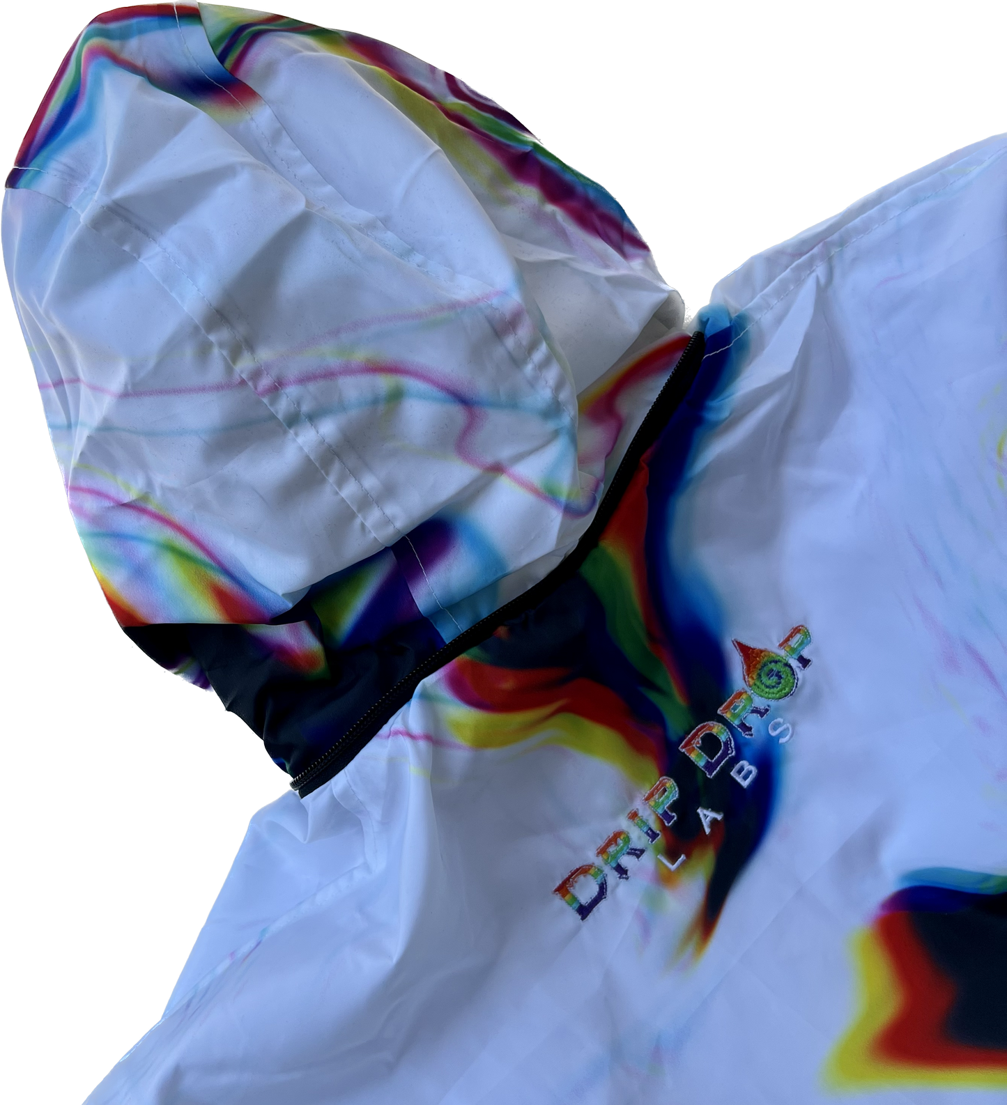 White Chromatic Drip Zip Up Hood Windbreaker by Drip Drop Labs, shown with full front view, lightweight and stylish rain-resistant jacket.