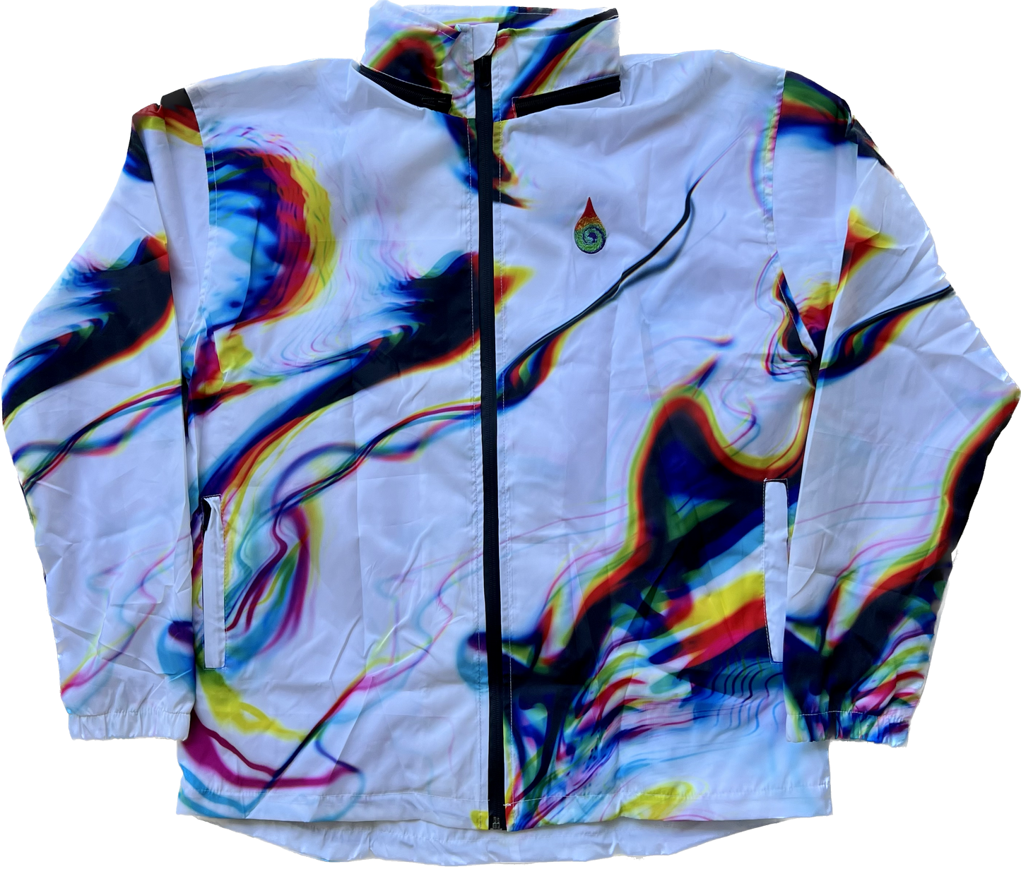 White chromatic zip-up hood windbreaker by Drip Drop Labs, featuring a sleek design and lightweight wind-resistant fabric.