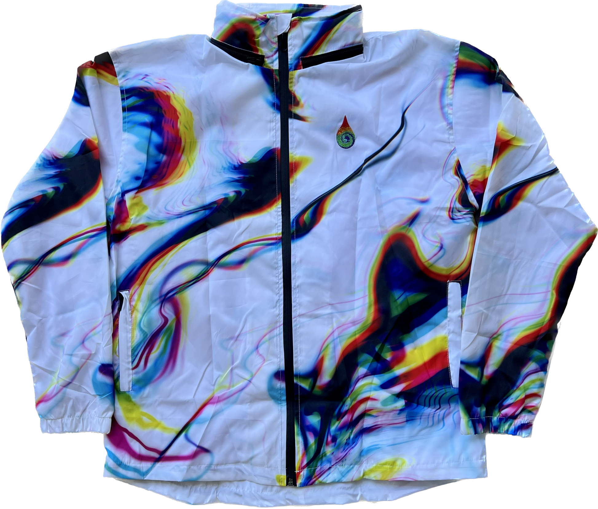 White chromatic zip-up hood windbreaker by Drip Drop Labs, featuring a sleek design and lightweight wind-resistant fabric.