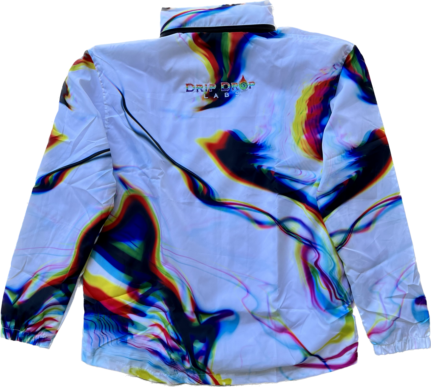 White chromatic drip zip-up hood windbreaker by Drip Drop Labs, featuring a lightweight, stylish wind-resistant design.