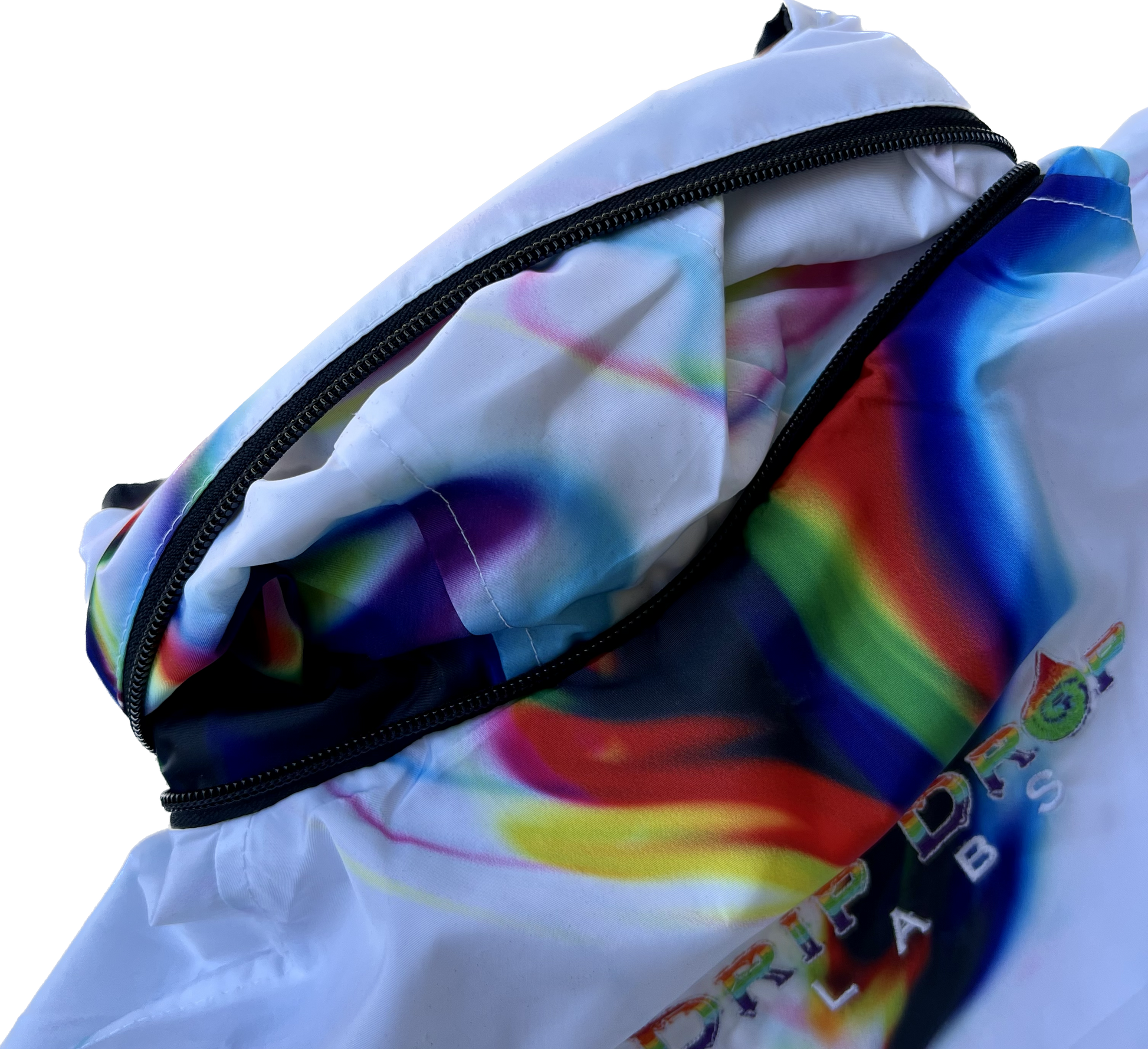 White chromatic drip zip-up hood windbreaker by Drip Drop Labs, featuring a sleek design and adjustable hood.