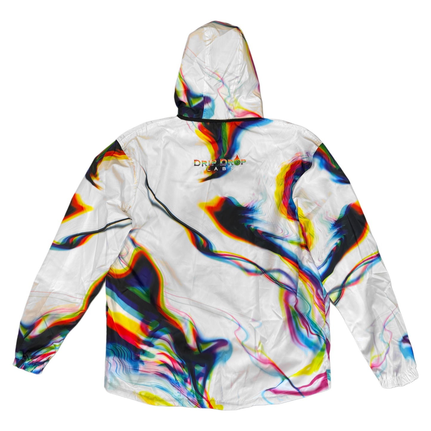 White Chromatic Drip Zip Up Hood Windbreaker by Drip Drop Labs, featuring a stylish, lightweight windbreaker with a hood and zip closure.
