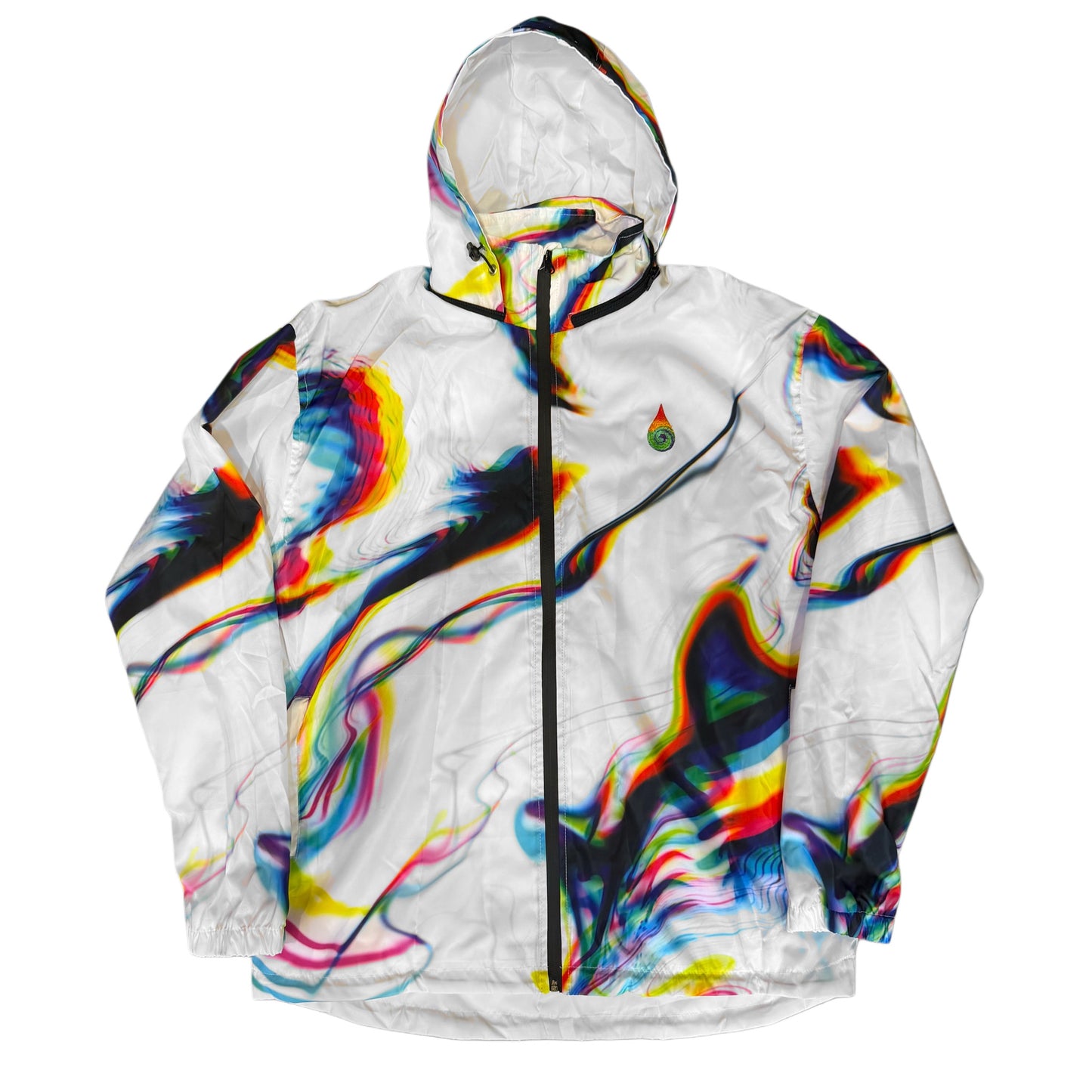 White Chromatic Drip zip-up hood windbreaker by Drip Drop Labs, featuring a sleek design and adjustable hood.