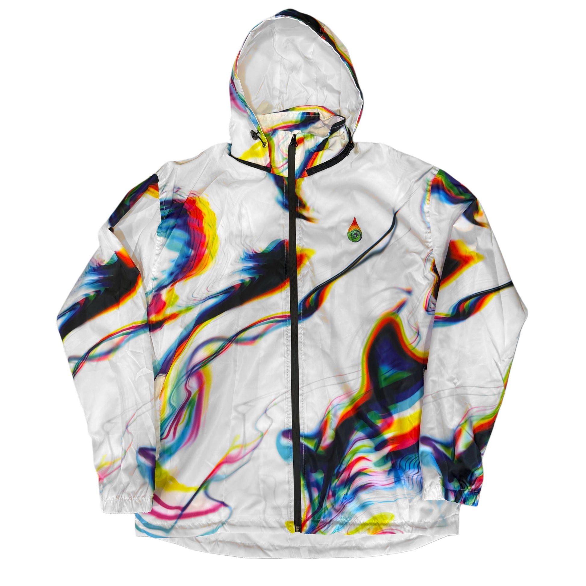 White Chromatic Drip zip-up hood windbreaker by Drip Drop Labs, featuring a sleek design and adjustable hood.