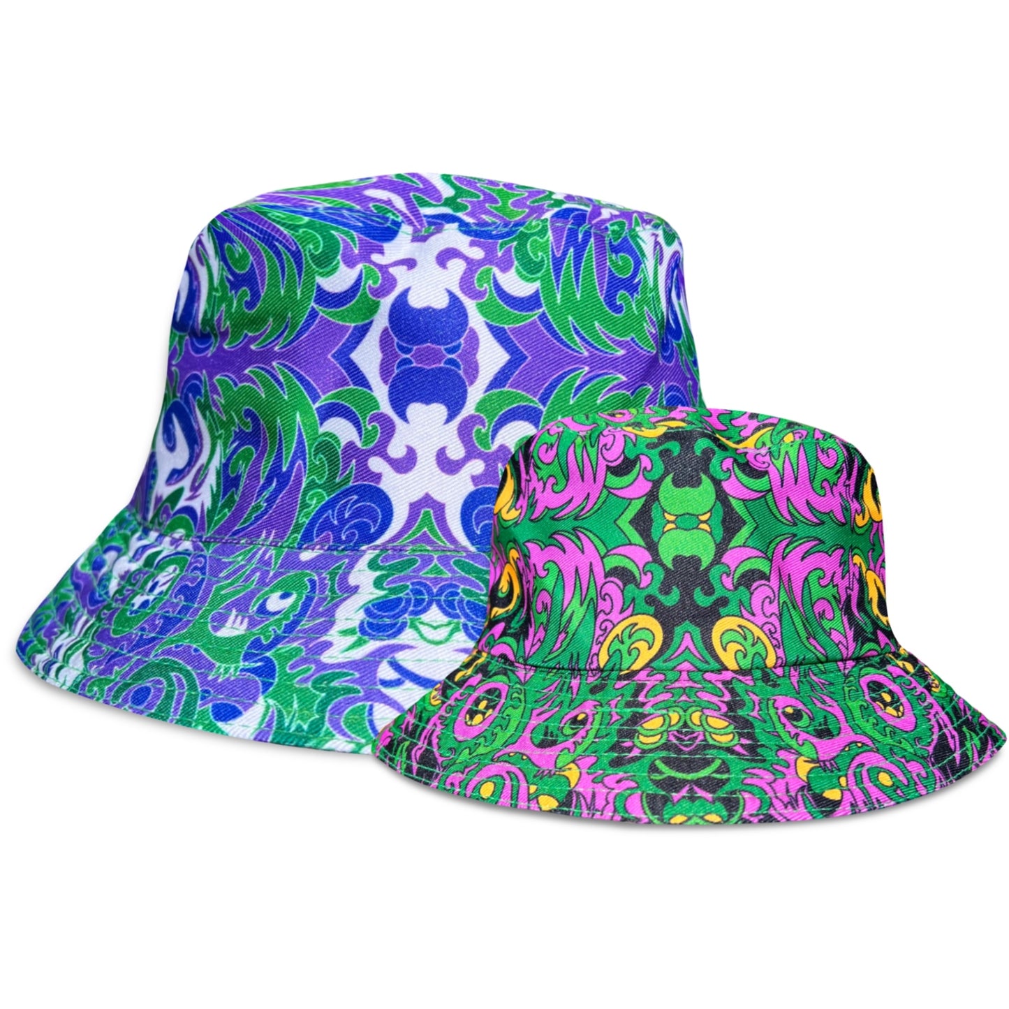 Reversible bucket hat by Drip Drop Labs featuring a wild forest print, lightweight and stylish for outdoor wear.