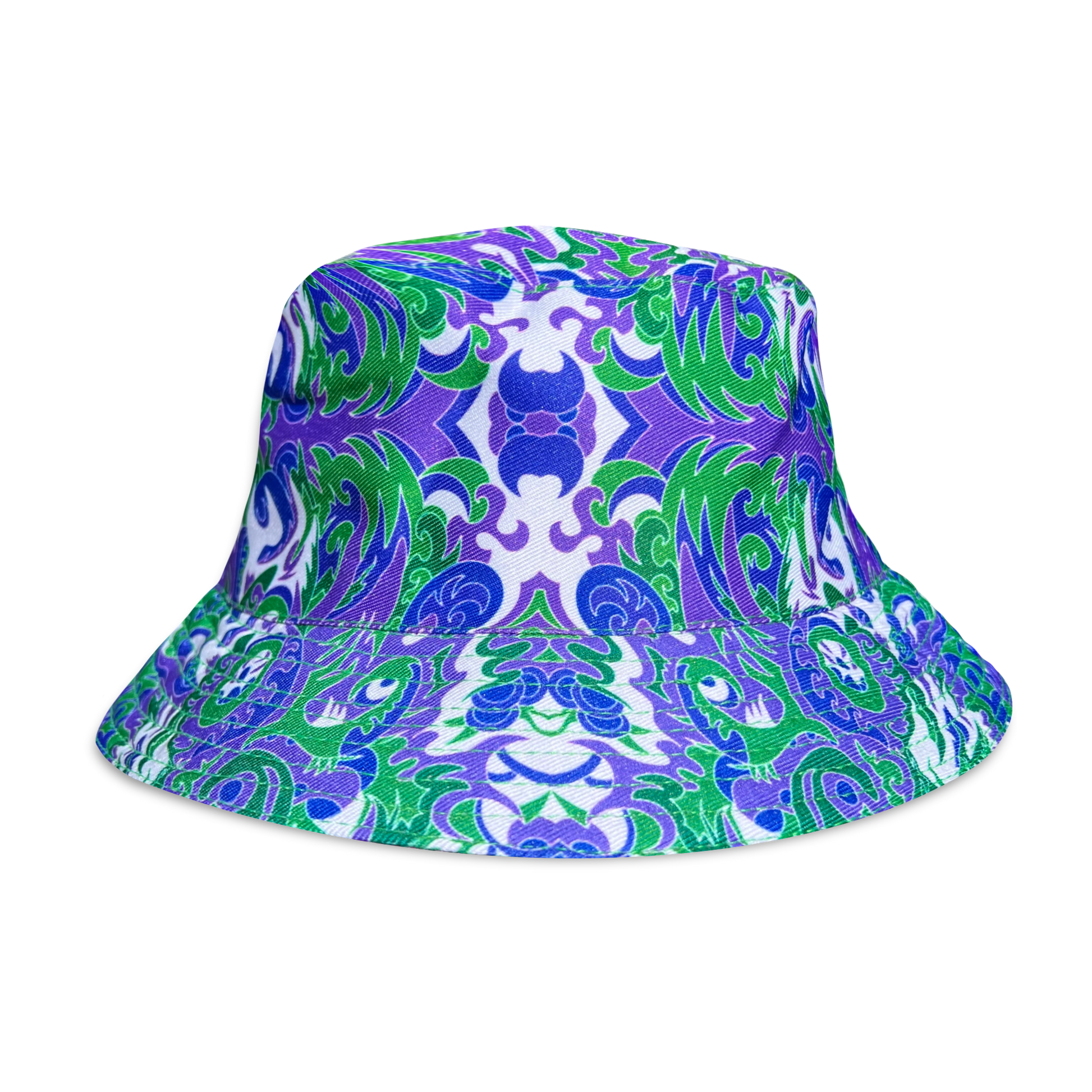 Reversible Wild Forest bucket hat by Drip Drop Labs, featuring a green and brown woodland camouflage pattern.