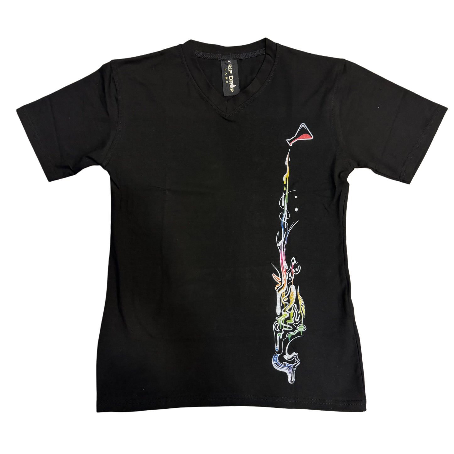 Women’s V neck shirt by Drip Drop Labs with rainbow compound design, casual fit, and soft fabric.