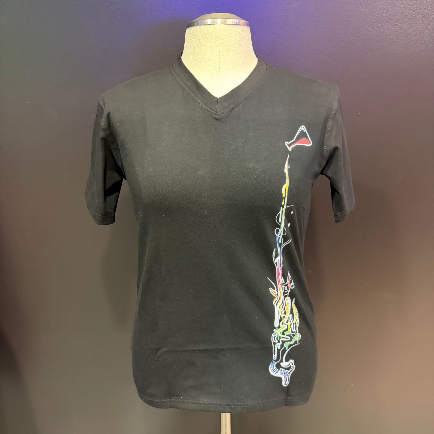 Women’s V-neck shirt by Drip Drop Labs featuring a colorful rainbow compound design on soft fabric.