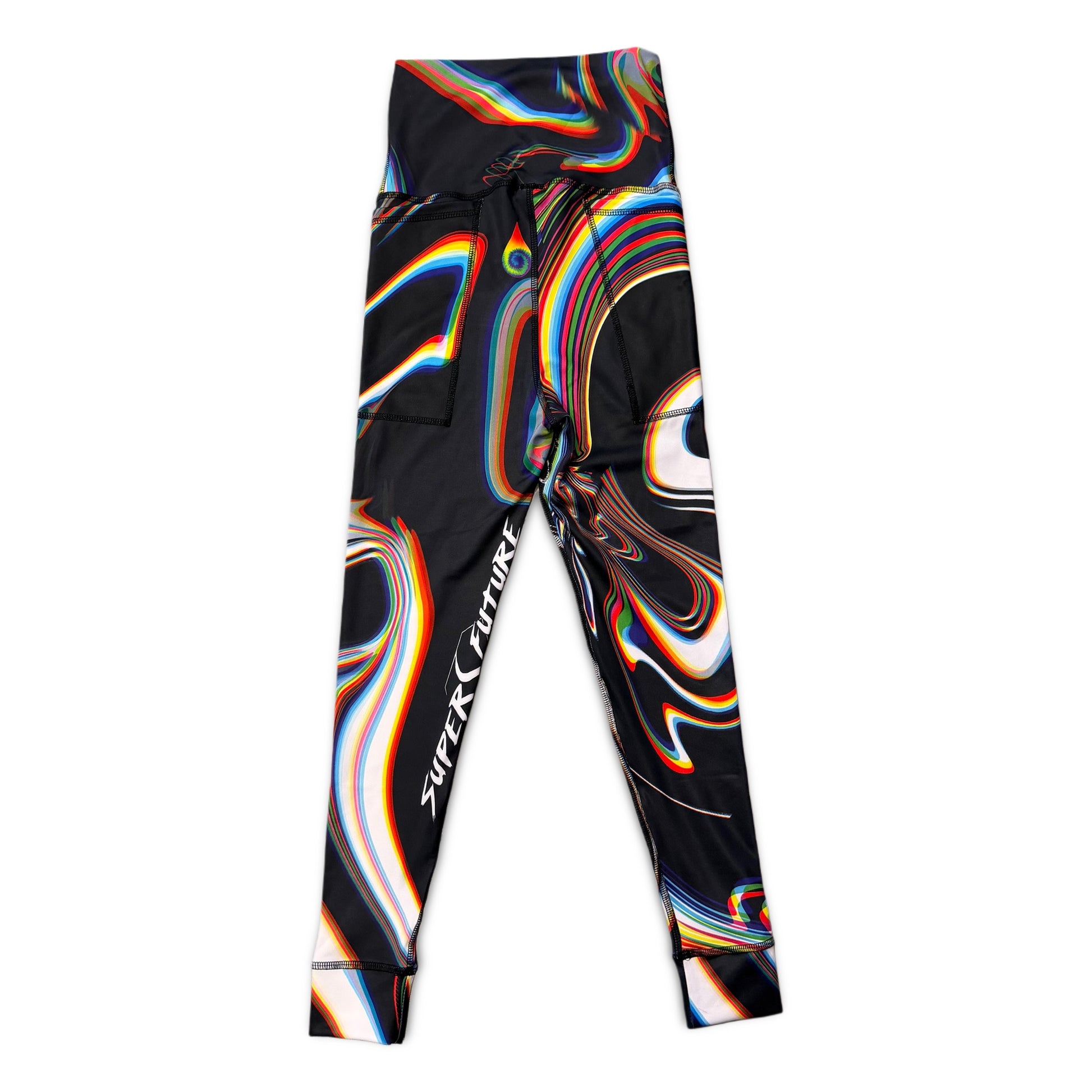 Drip Drop Labs Super Future leggings in XS with a low waist, featuring sleek, stretchy fabric and modern design.