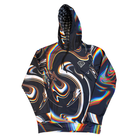 Black athletic hoodie from Drip Drop Labs' Super Future collection, featuring a comfortable fit and modern design.