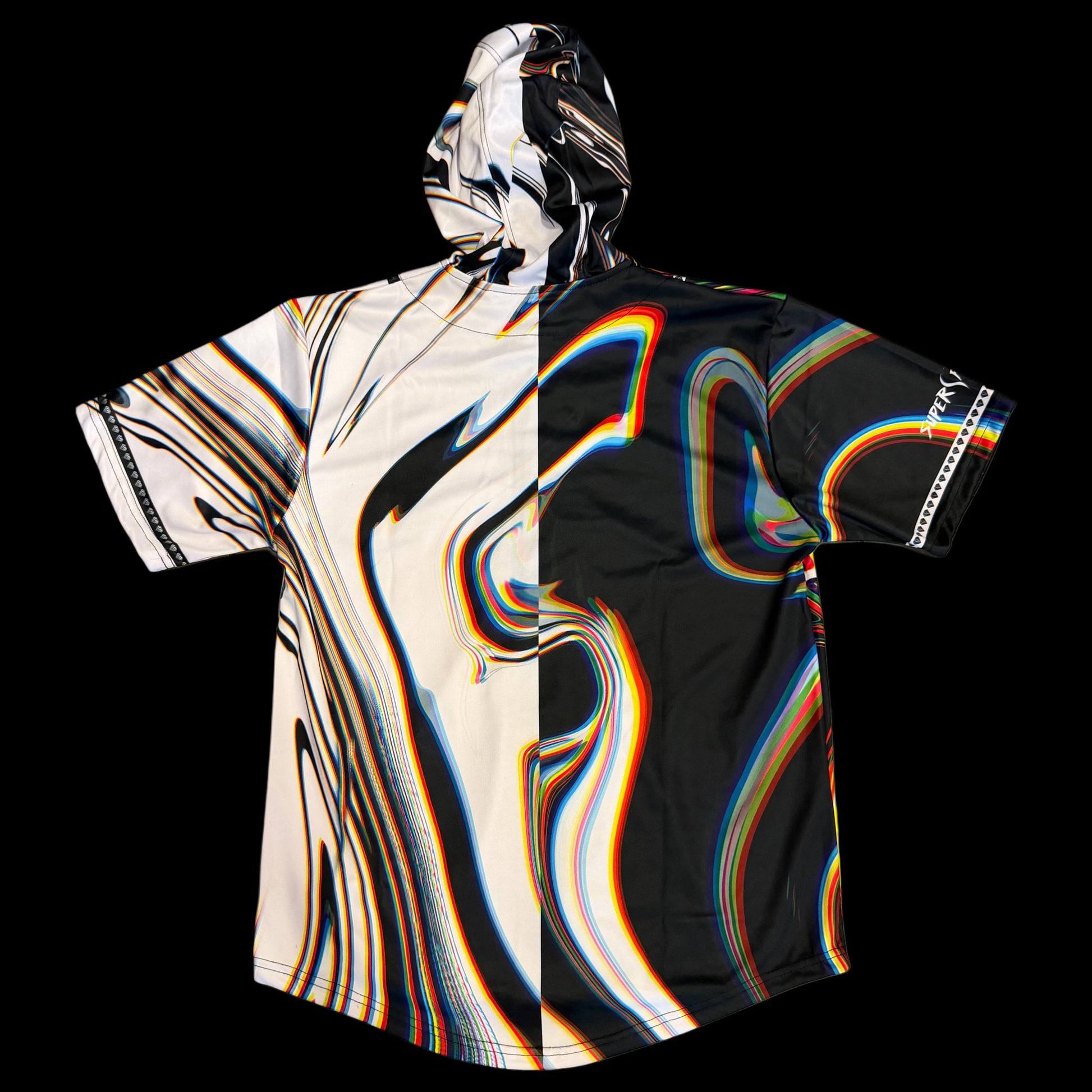 Drip Drop Labs Super Future Split hooded baseball jersey with unique design and contrasting colors, front view.