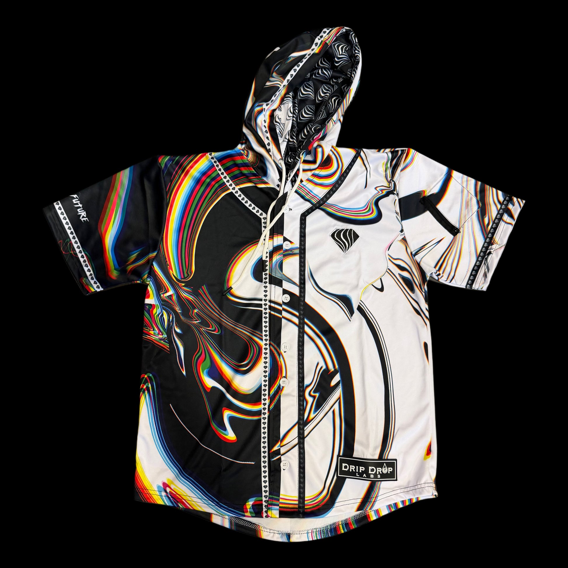 Drip Drop Labs Super Future Split hooded baseball jersey, front view with split design and hood, casual athletic style.