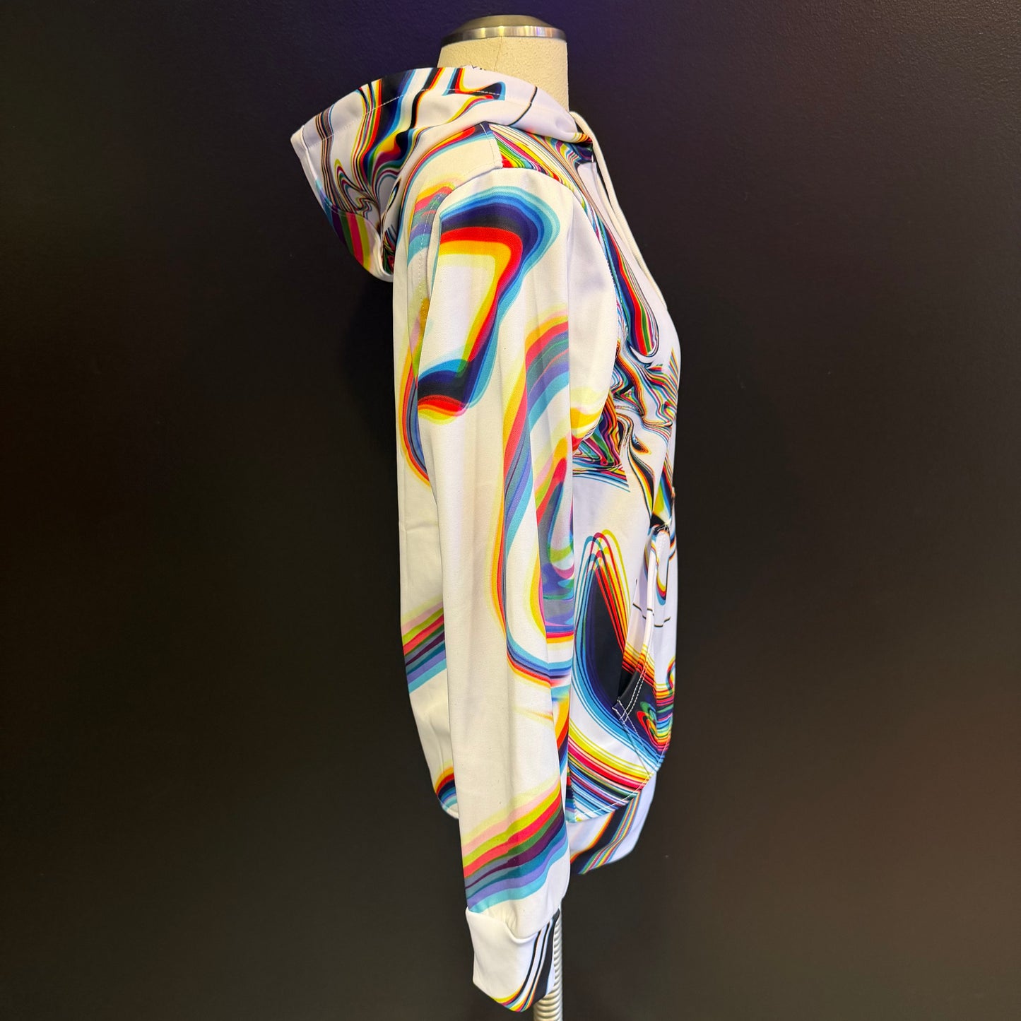 White Drip Drop Labs Super Future athletic hoodie with a sleek design, shown on a model.