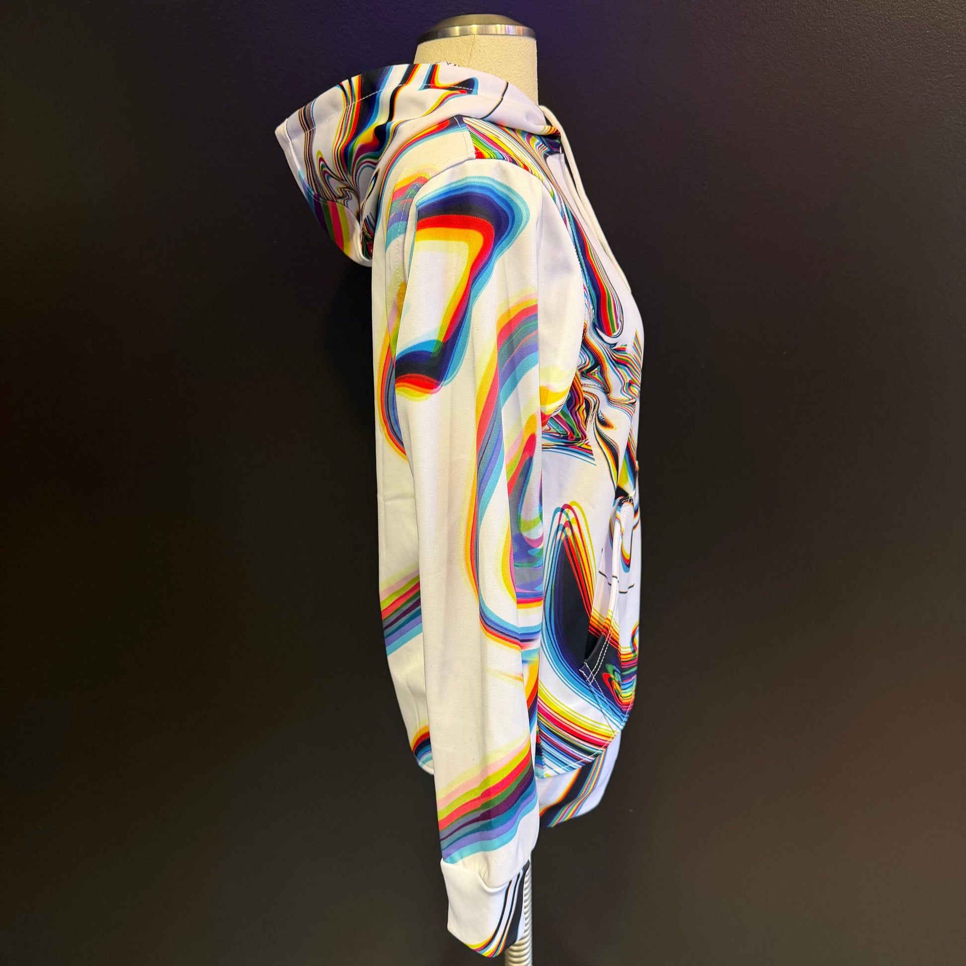 White Drip Drop Labs Super Future athletic hoodie with a sleek design, shown on a model.