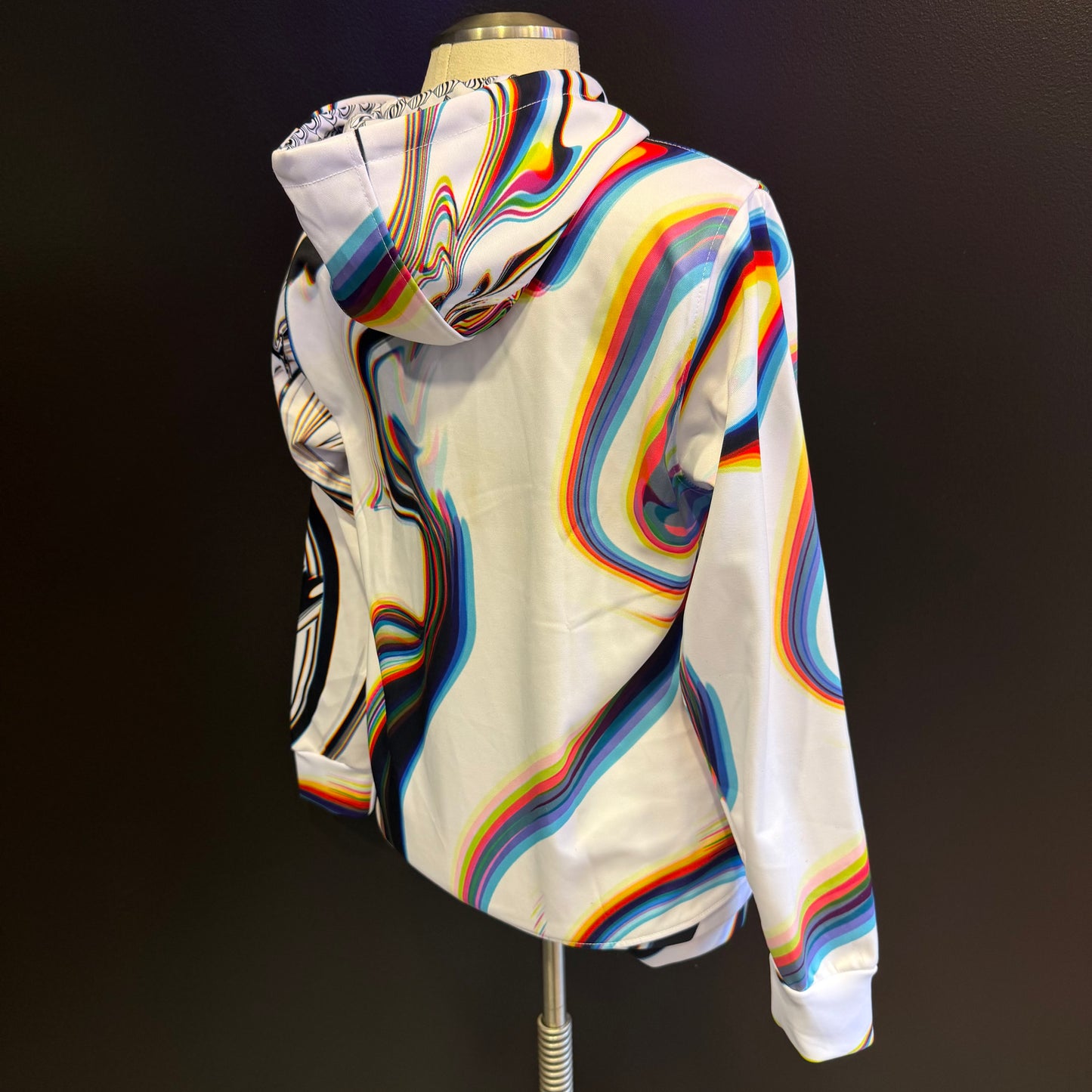 White athletic hoodie from Drip Drop Labs' Super Future collection, featuring a comfortable fit and modern design.