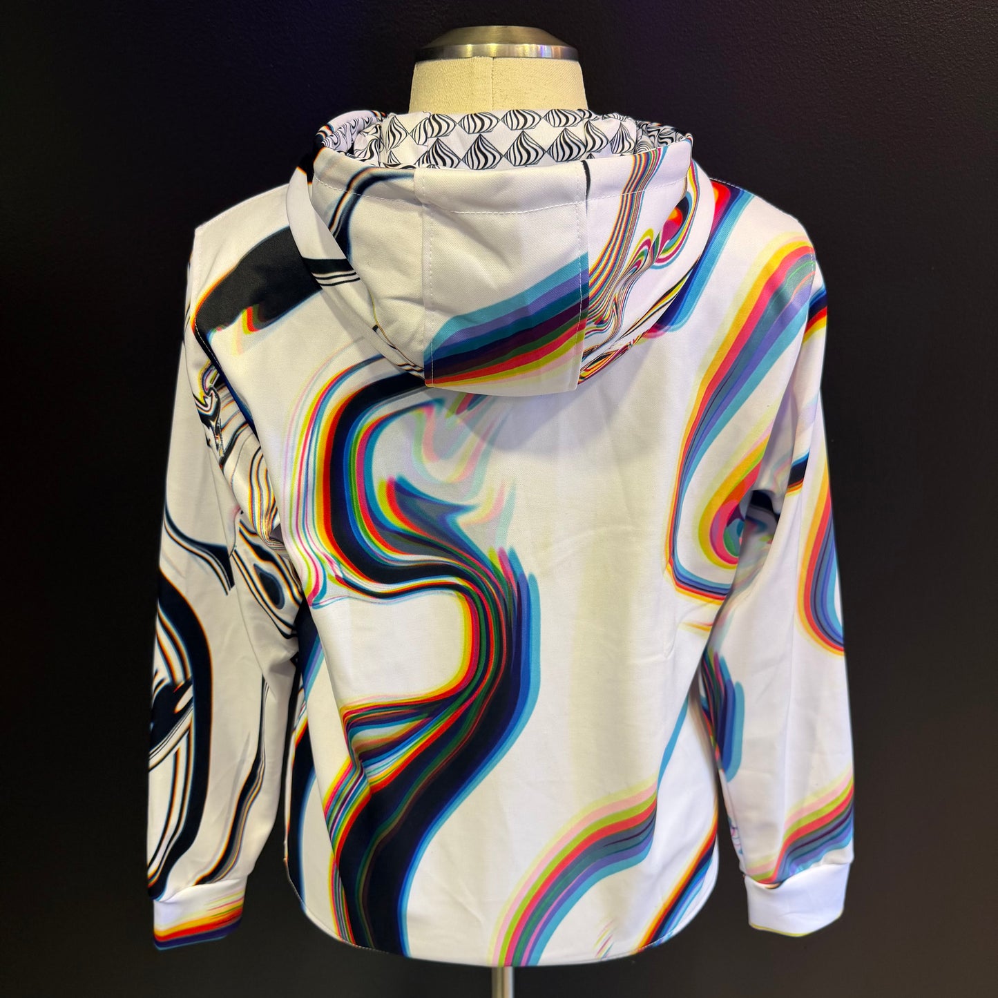 White athletic hoodie by Drip Drop Labs, Super Future collection, featuring a comfortable fit and athletic design.