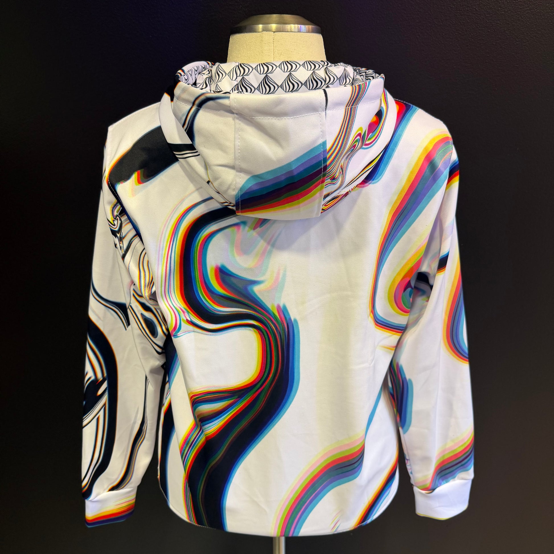 White athletic hoodie by Drip Drop Labs, Super Future collection, featuring a comfortable fit and athletic design.