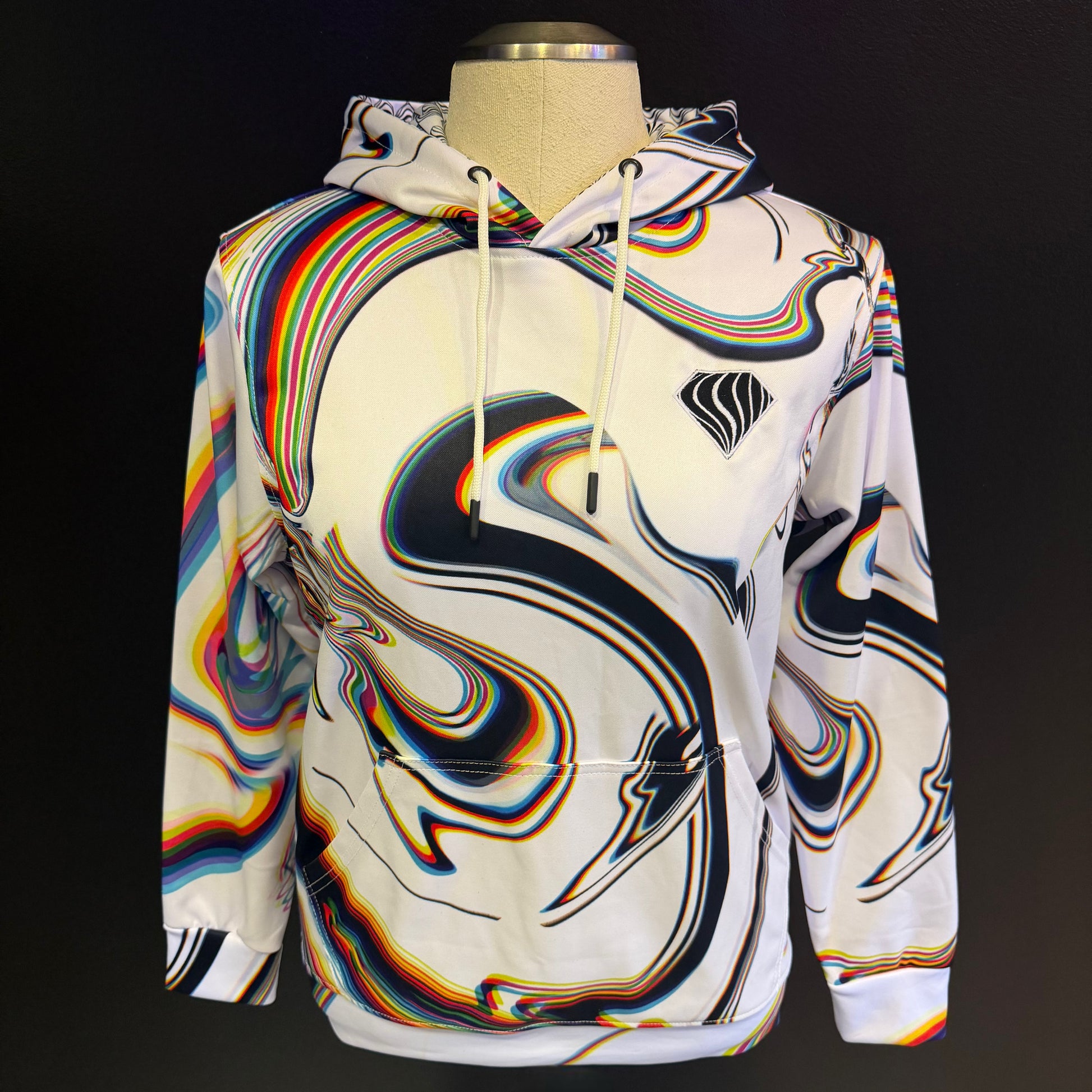 White athletic hoodie by Drip Drop Labs from the Super Future collection, featuring a comfortable fit and sporty design.