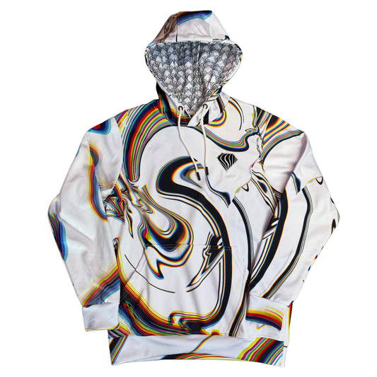 White athletic hoodie by Drip Drop Labs from the Super Future collection, featuring a comfortable fit and sporty design.
