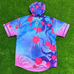 Drip Drop Labs Zodiac Flower hooded baseball jersey featuring vibrant floral design and comfortable fit.