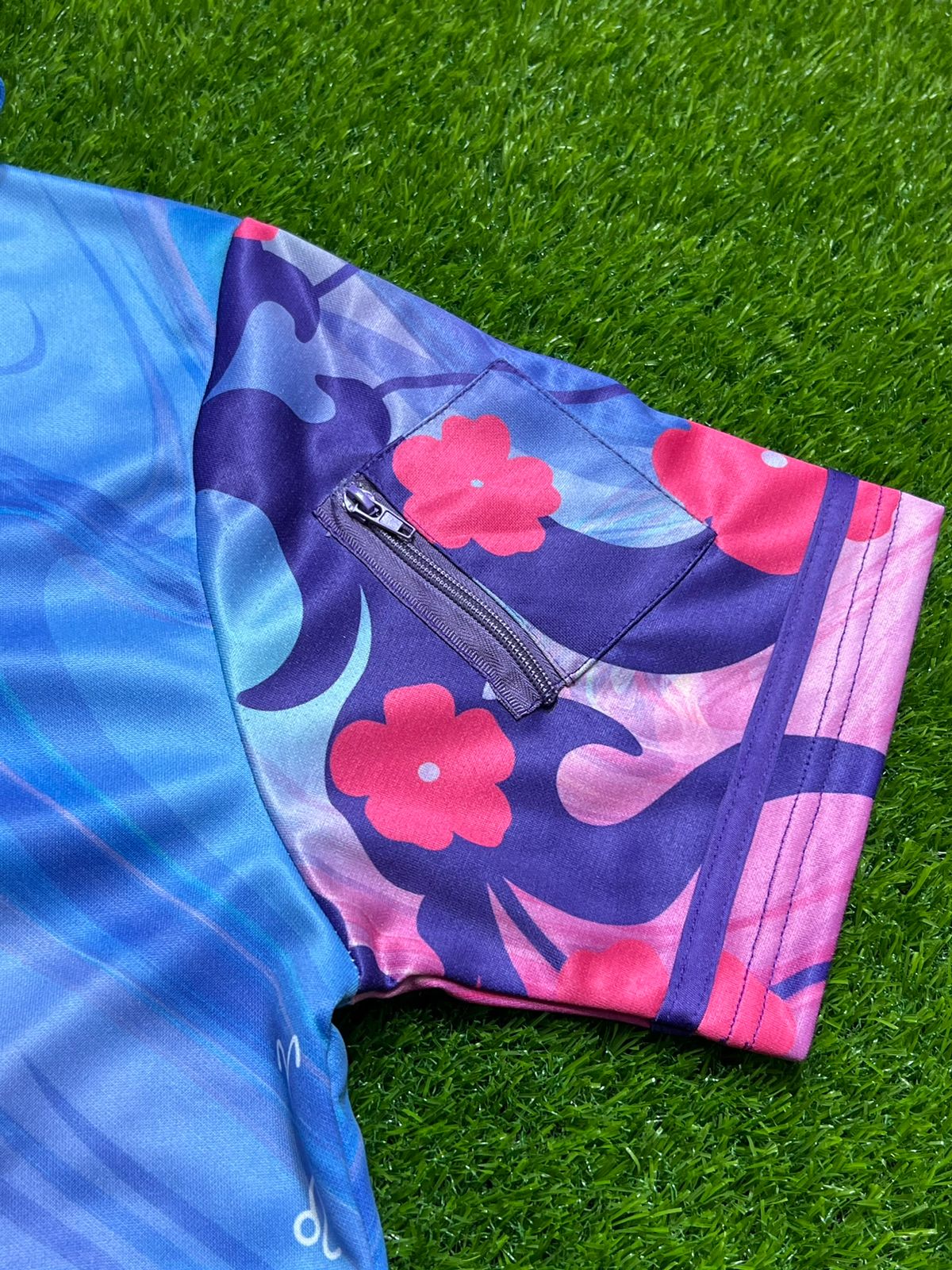 Drip Drop Labs Zodiac Flower hooded baseball jersey featuring colorful floral design and casual sporty style.