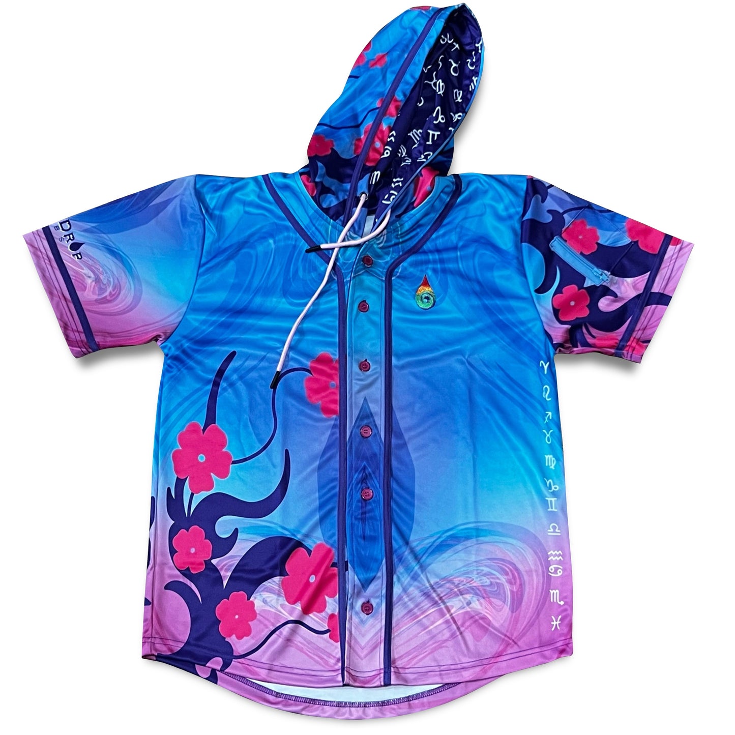 Drip Drop Labs Zodiac Flower hooded baseball jersey featuring vibrant floral design and comfortable fit.