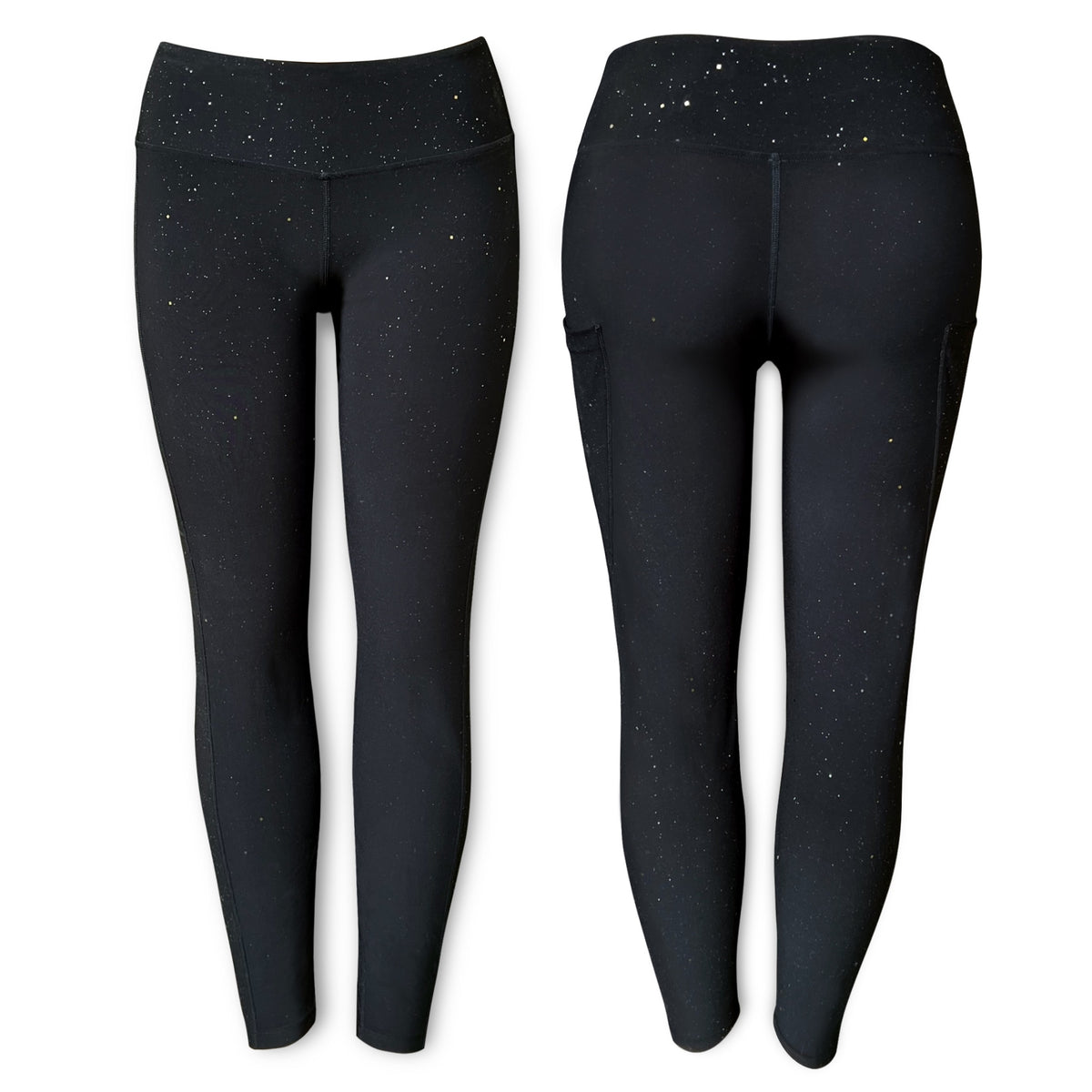 Black Galactic Leggings by Drip Drop Labs featuring cosmic star patterns and a comfortable stretch fit.