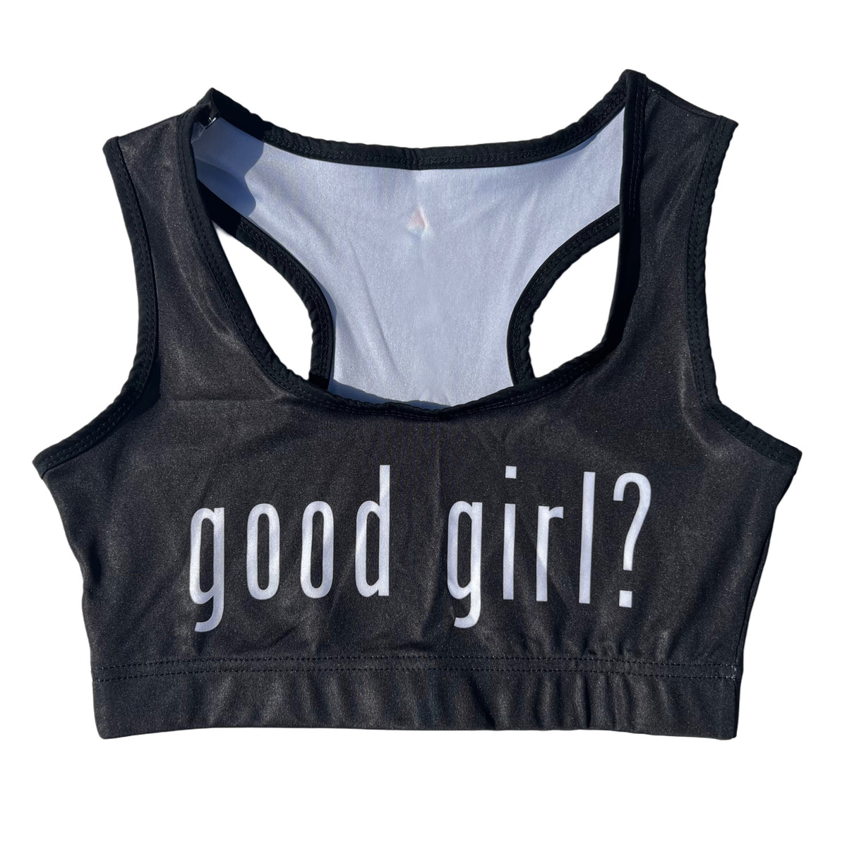 Drip Drop Labs Good Girl? sports bra featuring a sleek, supportive design with adjustable straps and breathable fabric.