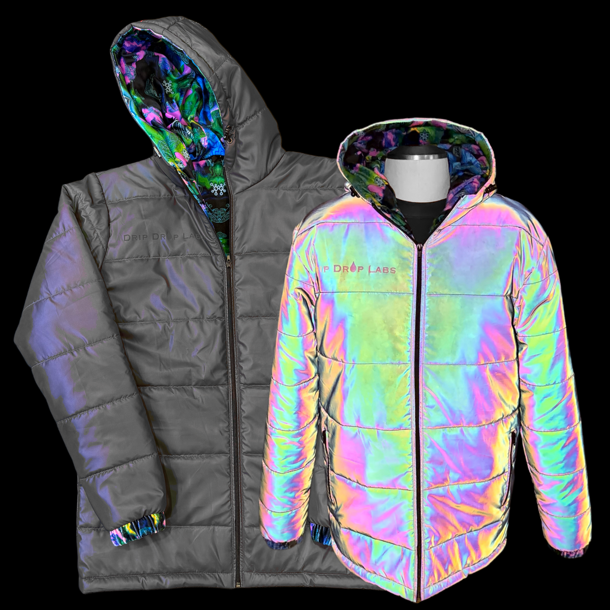 Holographic Dual Reflective Puffer Jacket - EDM Winter Coat - Drip Drop Labs