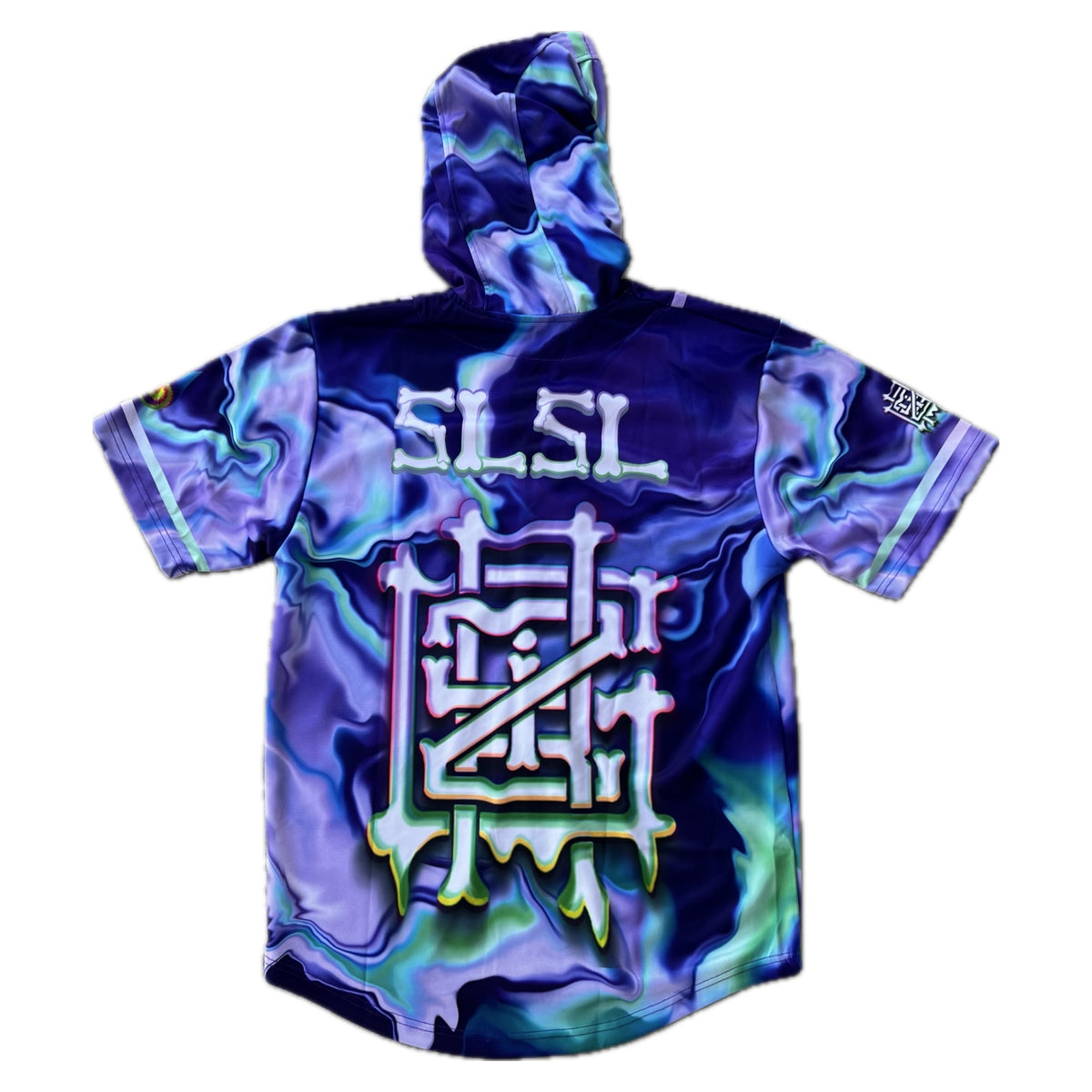 Purple GrizDrip hooded baseball jersey by Drip Drop Labs, featuring a purple design with hood and baseball jersey details.