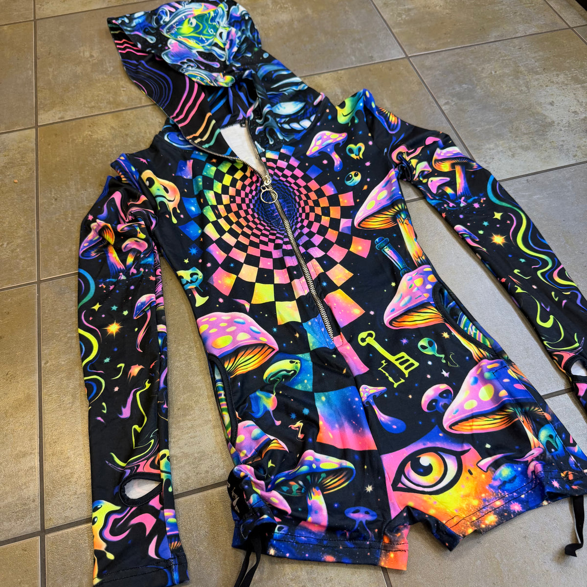 Rainbow Portal Hooded Rave Romper by Drip Drop Labs featuring a psychedelic rainbow design and hood, ideal for festival wear.