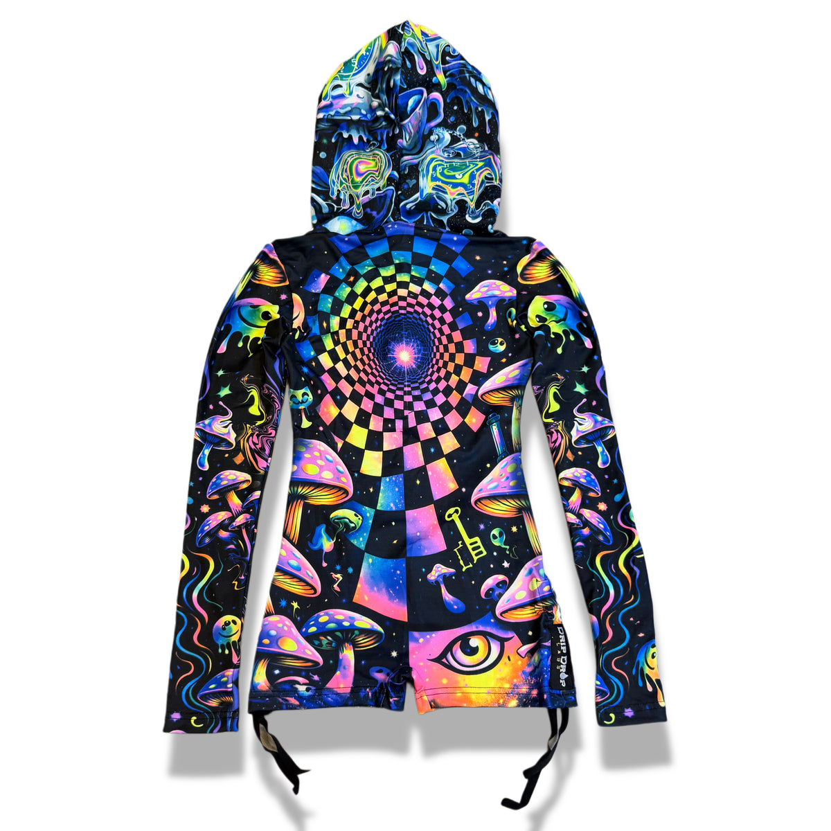 Rainbow Portal Hooded Rave Romper by Drip Drop Labs, featuring vibrant psychedelic patterns and a hood for festival wear.