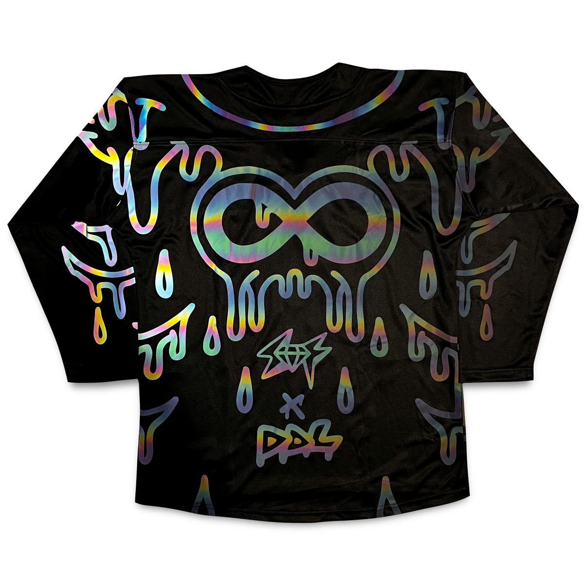 Holo hockey jersey by Drip Drop Labs featuring a shiny, holographic design with team logo and vibrant colors.