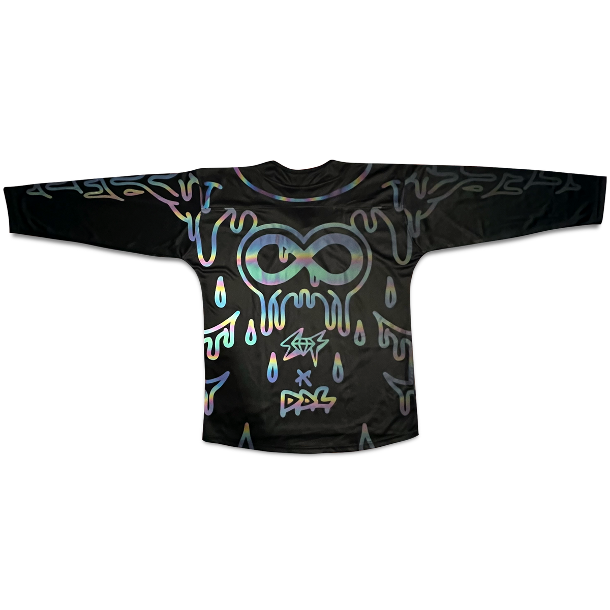 Holo hockey jersey by Drip Drop Labs featuring futuristic holographic design and vibrant colors on a sleek athletic jersey.