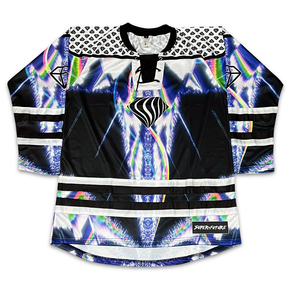 Super Future Infinite Drip Hockey Jersey by Drip Drop Labs, featuring bold graphic design and vibrant colors.