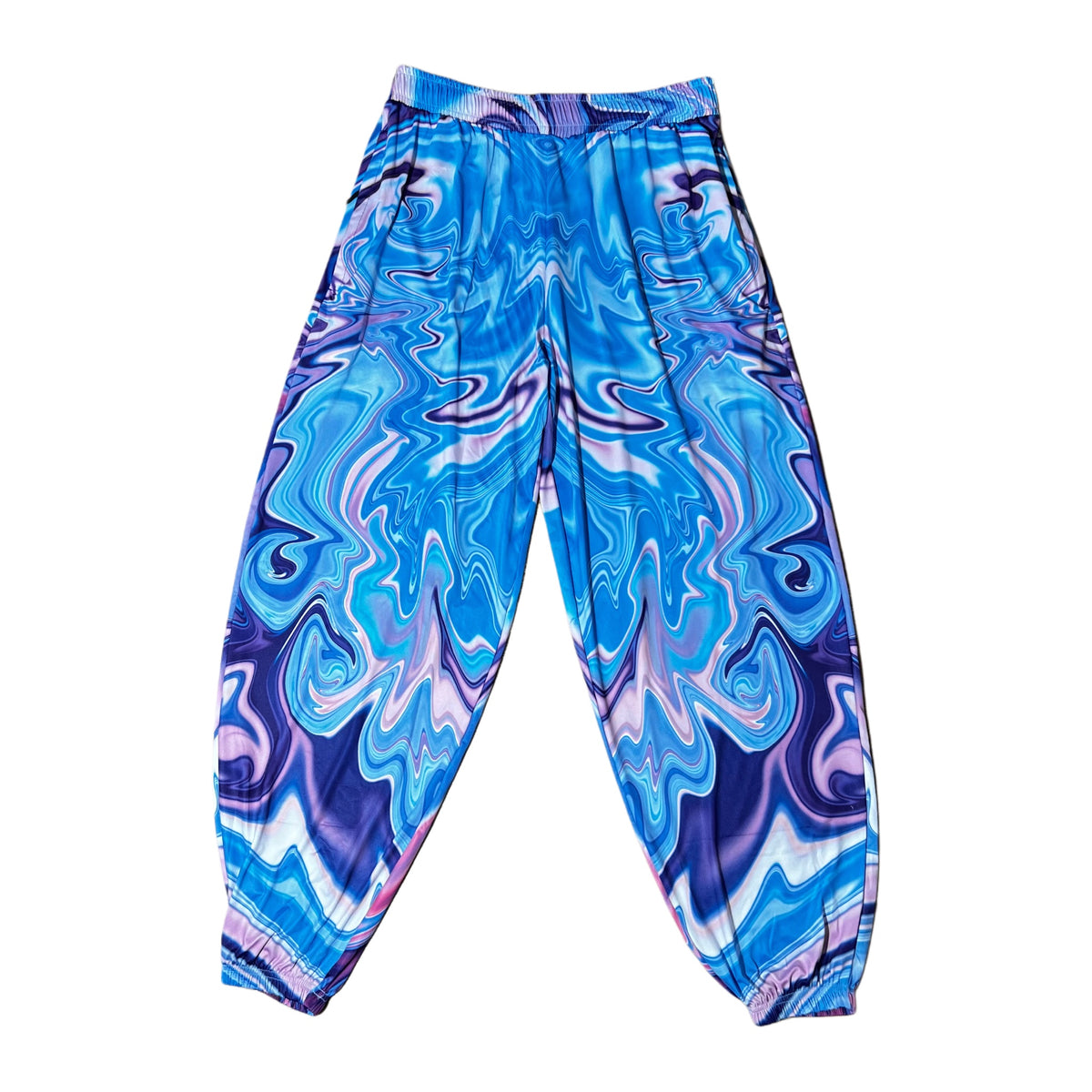 Drip Drop Labs Waves parachute pants in lightweight fabric with a relaxed fit, featuring wave pattern and adjustable waist.