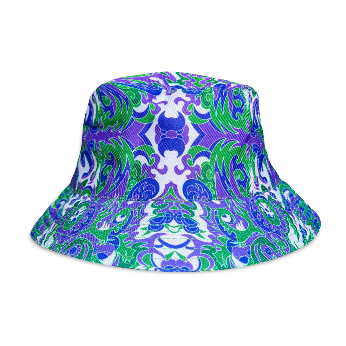 Reversible Wild Forest bucket hat by Drip Drop Labs, featuring a green and brown woodland camouflage pattern.