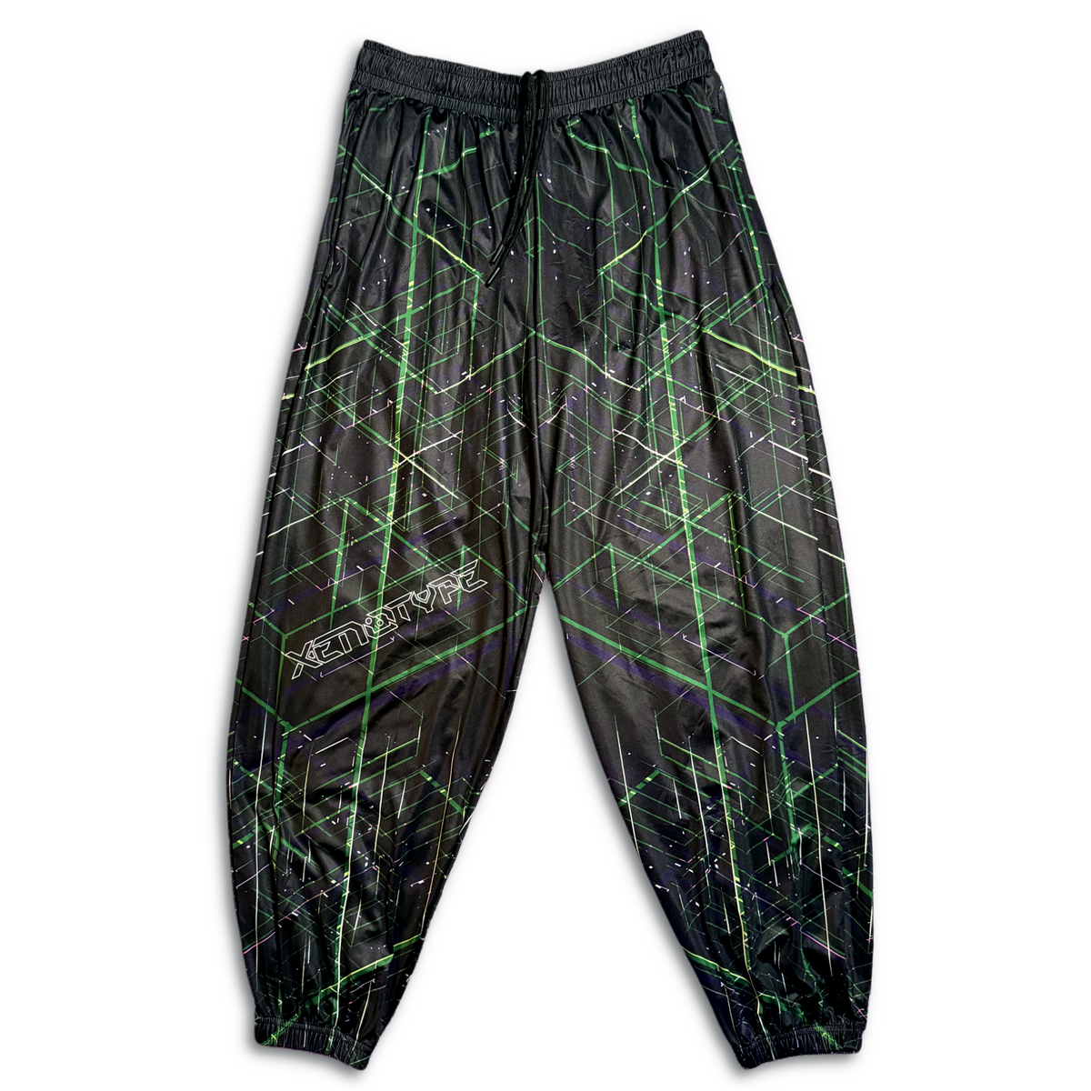 Xenotype black parachute pants with futuristic utility design