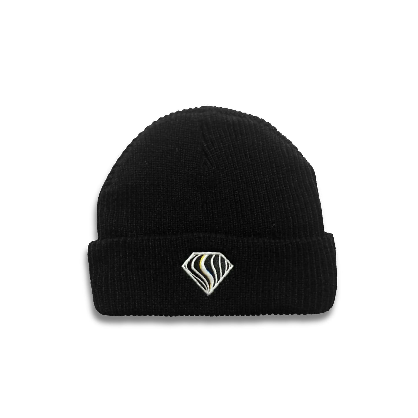 Black Drip Drop Labs Super Future beanie featuring a folded brim and logo patch on a plain background.