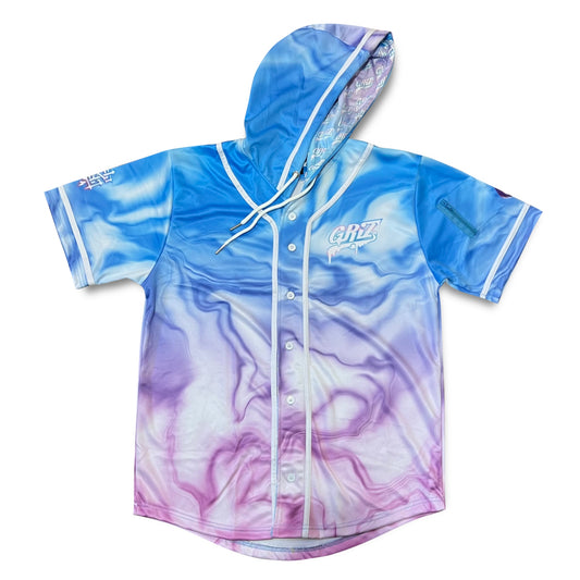Drip Drop Labs GrizDrip v5 hooded baseball jersey in gray with black accents, featuring a front logo and athletic fit.