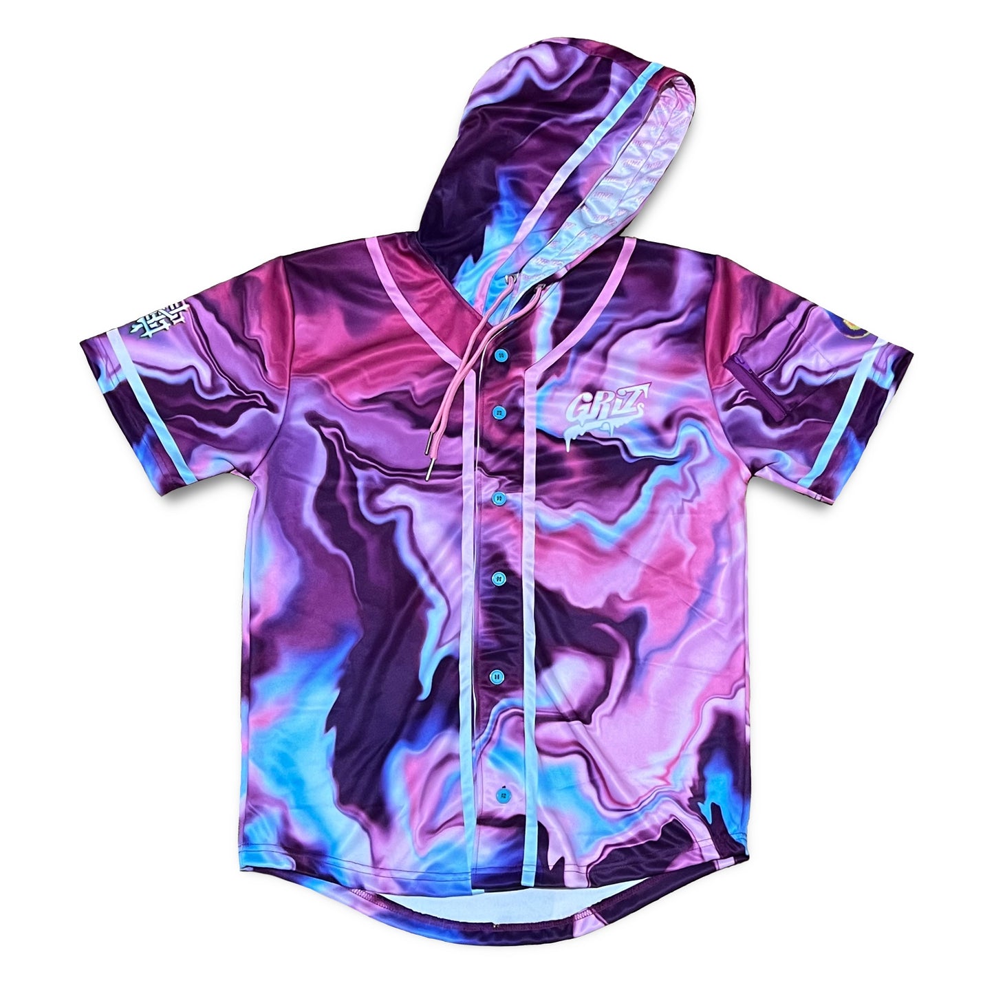 Drip Drop Labs GrizDripv1 hooded baseball jersey in black with white accents, featuring a front pocket and logo details.