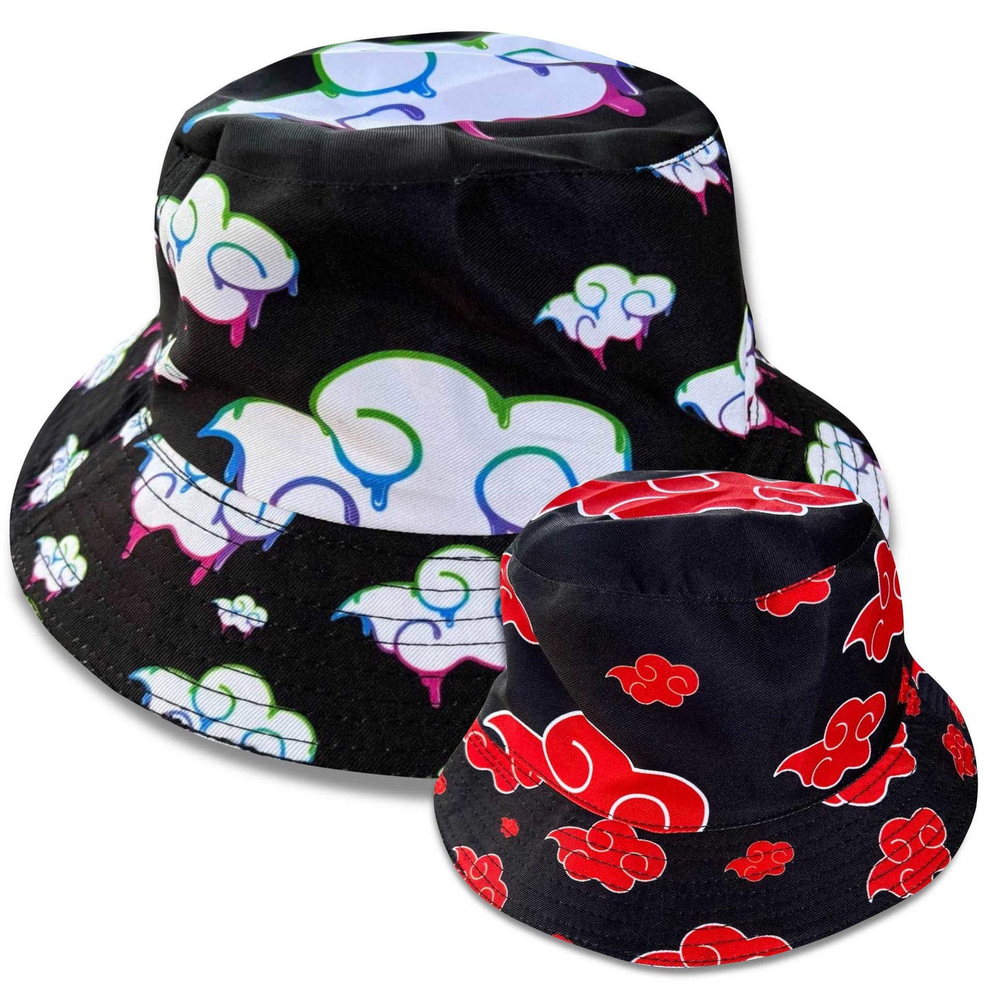 Reversible Juicy Drip Bucket Hat by Drip Drop Labs featuring vibrant, colorful pattern and wide brim for sun protection.