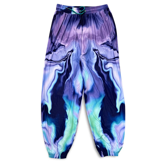 Purple Drip Parachute Pants by Drip Drop Labs, lightweight and stylish with a relaxed fit, shown on a hanger.
