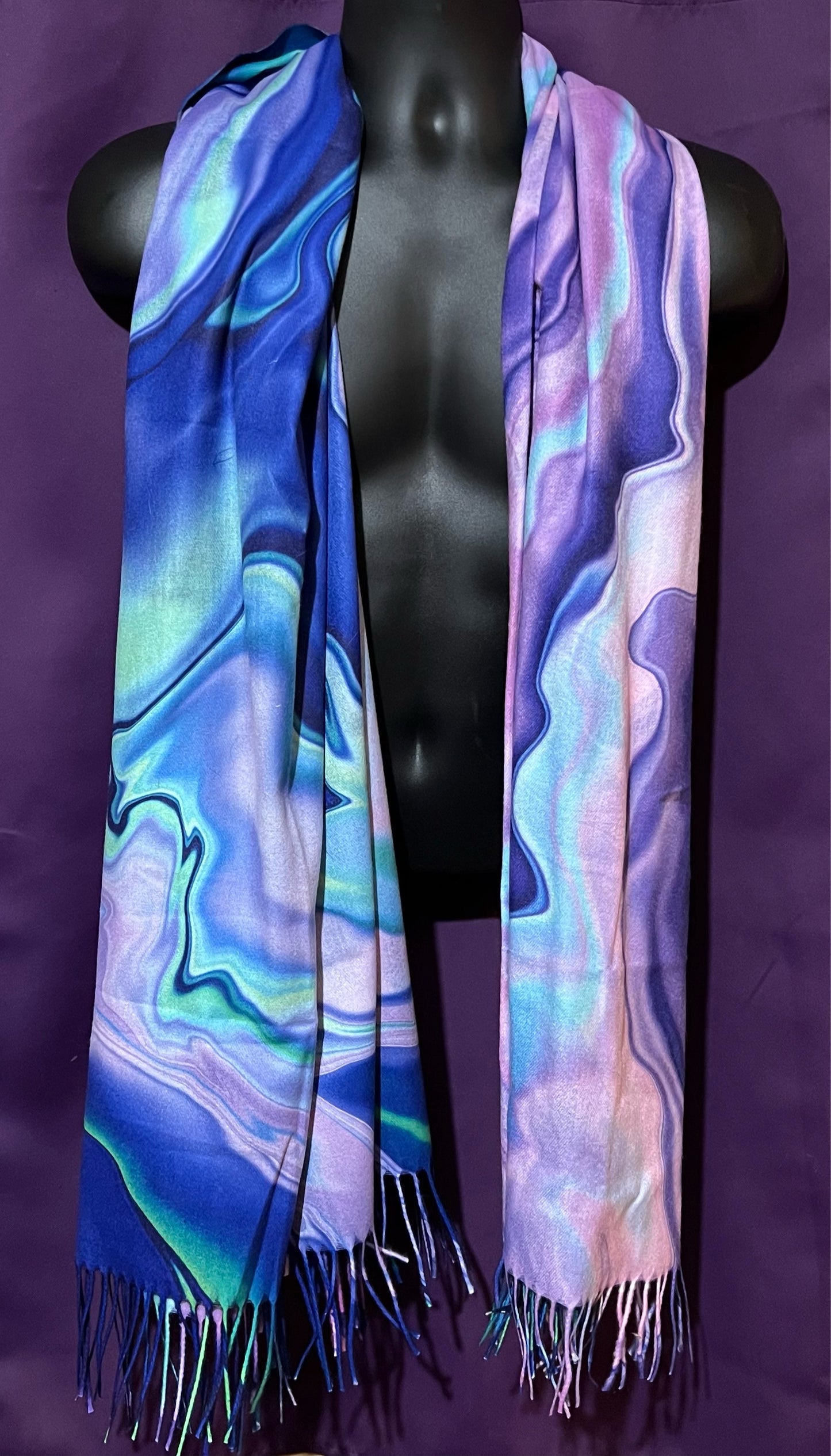 Purple Drip Pashmina scarf by Drip Drop Labs, showcasing soft, luxurious fabric with a vibrant drip pattern.