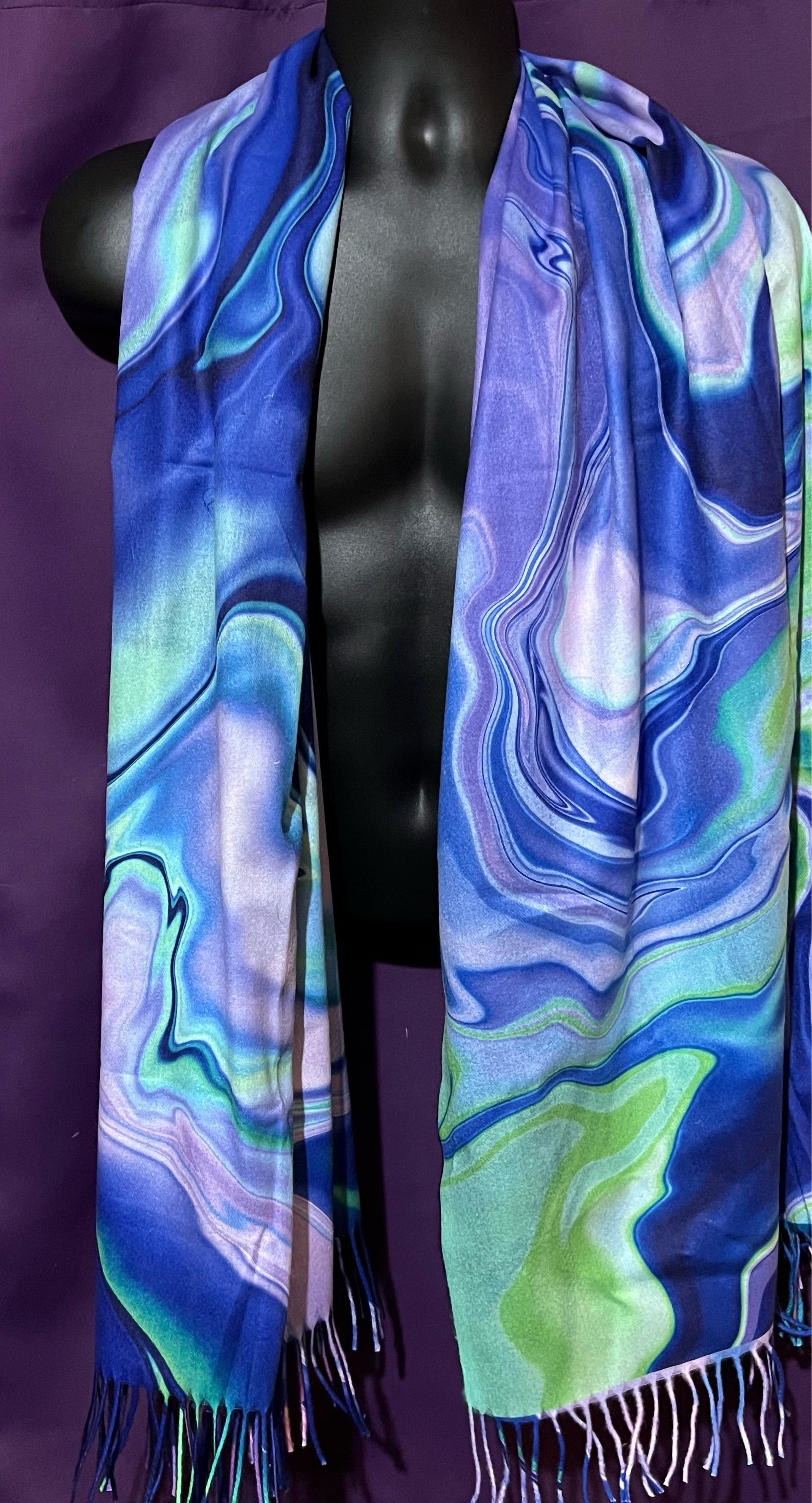 Purple Drip Pashmina scarf by Drip Drop Labs, showcasing soft fabric and elegant drape in a close-up shot.