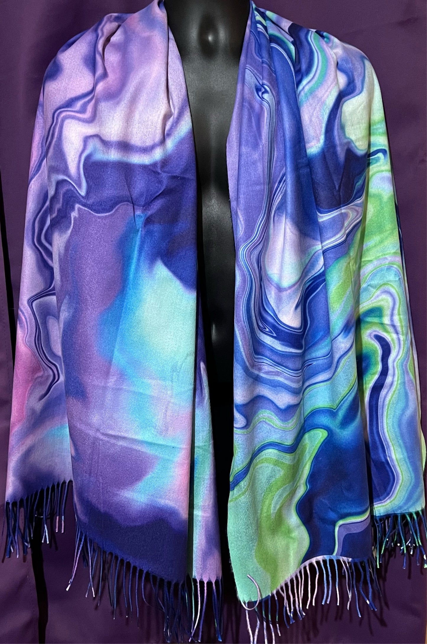 Purple Drip Pashmina scarf by Drip Drop Labs, showcasing soft fabric with a stylish drip pattern and vibrant purple color.