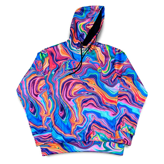 Starburst Drip athletic hoodie by Drip Drop Labs featuring vibrant drip pattern design on black athletic hoodie.